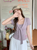 Fashion Simple Fake Two Tied Big Necking Short-Sleeved T-Shirt Girls Summer New Chic Design Pure Desire Top
