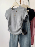 Grey Shoulder Short-Sleeved T-Shirt Summer Dress 2025 New Folds To Collect Thin Cotton Jersey Top