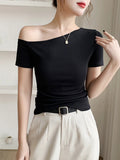 Slanted Shoulder Short-Sleeved T-Shirt Women's Summer 2025 New Beautiful Shoulder Sexy Hottie Design Sense Niche Chic Top