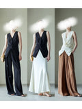 Beauty Wrinkled Vest Backs Thin Three-Dimensional Kinesi V Collar Sleeveless Coat Broad Leg Pants Women Summer Suit