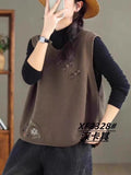 Vintage Art Buckle Embroidered Knitted Vest For Women's Extra-In-2025 Spring New Round-Neck Cotton Sweater Vest