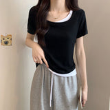 Fang Collar Short-Sleeved T-Shirt Women's 2026 Summer New Design Sense Of Small Body Pure Fake Two Short Tops