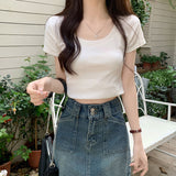 Design Sense Short T-Shirt Women's Round Neck Elastic Solid Color Match Summer Korean Version Of Leisure Tight Hot Girl Short-Sleeved Top