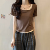 Fang Collar Short-Sleeved T-Shirt Women's 2026 Summer New Design Sense Of Small Body Pure Fake Two Short Tops