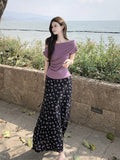 One-Word Shoulder Slimming Folded Short-Sleeved T-Shirt High-Waisted Floral Skirt 2026 Summer Fashion Suit Women Ins