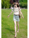 This Year's Popular Beautiful Summer Dress With Denim Skirt Knitted Top Fashion Small Striped Short-Sleeved T-Shirt Girl