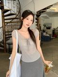 Korean Sexy Pure Desire U Tie Strap Shoulder Short-Sleeved T-Shirt 2026 Summer New Temperament To Close The Waist Thin Top