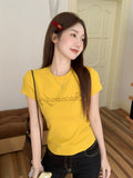 Yellow Shoulder Letter Hot Diamond Design Sense Short-Sleeved T-Shirt For Women's Summer Short-Form Niche 2026 New Top