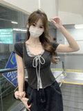 Short Fake Two Shoulder Short-Sleeved T-Shirt Women 2025 Summer New Wood Ear-To-Sense High-End Feel Coat Inside