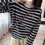 Crash Black And Blue Striped Smiley Face Sweater Woman In Autumn Wearing A Soft Knitted Jersey T-Shirt Lazy Round Collar Top