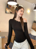 2026 Early Autumn New Beautiful Design Slant Shoulder Folding Waist Unique Long-Sleeved T-Shirt Girl Body Exposed Shoulder Coat