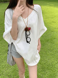 Large-Size Women's White Languid T-Shirt Women Summer Fat Mm Loose Belly V Collar Short-Sleeved Top Casual T-Shirt