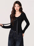 Korean Wave Point With Bow Knitted Women 2026 Autumn And Winter Pit Strip V Collar Long Sleeve Bottom Shirt Top