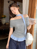 Lattice Wood Ear Splicing Hem Short-Sleeved T-Shirts For Summer Women's New Collar Folds And Thin Belt Neck Small Tops