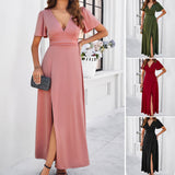 Dili Women's Clothing 2025 Spring And Summer Temperament Elegant Body Solid Color V-Neck Open Fork Dress