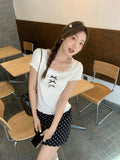 New Ballet Style Lace Splicing U-Neck Short-Sleeved T-Shirt Spring Women's Bow Wood Ear Temperament Beautiful Top