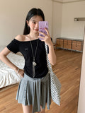 Irregular Collared Shoulder Thin Short-Sleeved T-Shirt For Girls Summer New Folded Sweet Babes Embroidered Short Top