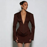 Women's Clothing 2025 Autumn And Winter New Solid Color Slim Slim V To Receive Waist Thin Temperament Suit Dress