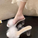 Large-Size Women's Shoes 2025 New Crystal Coarse And Skirt High Heel Slippers Wearing Fur Cold Slippers Women