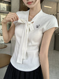 Beautiful College Style Wearing V-Neck Tying Butterfly Embroidered Shoulder Short-Sleeved T-Shirt For Women's Summer New Body Repair Small Top
