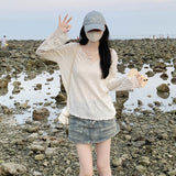 Summer Micro-Permeable V-Neck Wood Ear Loose Sun Protection Shirt Ice Silk Thin Summer Long-Sleeved T-Shirt Girl Lazy Blouse