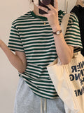 Short-Sleeved T-Shirt For Women 2025 Summer Fruit Green Stripes New Loose Shoulder Unique Comfortable Tuck