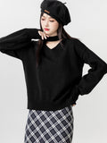 2025 Autumn And Winter New Black V-Neck Sweater Women In The Spring And Autumn With Long Sleeve Bottom Shirt Outside Wearing Hanging Neck Knitting Tops
