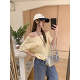 One-Word Shoulder Gray 220G Heavy Cotton Short-Sleeved T-Shirt Girl With Languid Summer Slouching Loose Slanted Shoulders