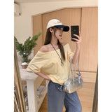One-Word Collar Shoulder Design Loose Solid Color Short-Sleeved T-Shirt 2026 Summer New Slanted Shoulder Lazy Top