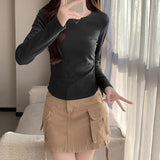 Flower Ash Slim Long-Sleeved Soft-Gripen Mask T-Shirt Women In Early Autumn New Solid Color Folding Thin Design Top