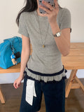 Unique Special To The Hem Splicing Into The Ears Of The Color Wood Around The Round Collar Collar T-Shirt Women Spring And Summer Pure Want To Hit The Bottom Of The Coat