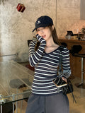 Black And White Striped Hottie V-Neck Long-Sleeved Knitted Shirt Women's Spring New Pure Desire To Put On The Bottom Shirt Top