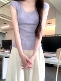 Korean Version Of The Solid Color Ice Silk Knitted U Collar Short-Sleeved T-Shirt Girl Summer Thin Thinch Waist Thin Simple Temperament Blouse