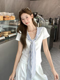 Korean White Academy Wind Navy Collar Shoulder Short-Sleeved T-Shirt Women's New Summer Fake Two-Piece Shawl Dress