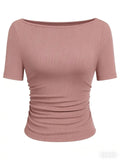 Hottie Solid Color Boat Collar Horn Sleeve T-Shirt Girl 2025 Autumn Dress Folds Thin Tops Long Sleeve