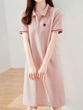 Pure Cotton Small Design Love Polo Collar Dress Women 2025 Summer New Casual Simple A Skirt