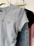 Short-Sleeved T-Shirt Female Gray Love Embroidery Short Model 2025 New Design Embroidery Shoulder Blouse Hottie