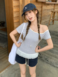 High-End Slanted-Striped Lace-Up Stitched Under The Short-Sleeved T-Shirt Women's Summer New Top