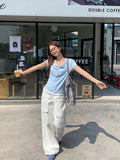 Chic Design Colliding Color Splicing Button Fake Two Short-Sleeved T-Shirt Women 2026 Summer New Unique Repair Body