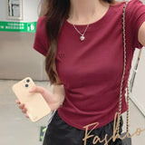 Wine Red Shoulder Embroidered T-Shirt Girl Short Umbilical Pure Folding Small Summer Round Collar Short Sleeve Top