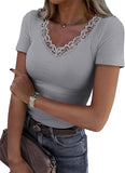 2025 Lace Splicing V-Neck Tight Solid Color Short-Sleeved T-Shirt Women's Summer New Pure Desire To Slim Top