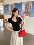 Korean Pure-Want Bow Hottie Lace Splicing Design Short-Sleeved T-Shirt Girl 2026 Summer New Repair Body