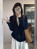 Korean Senior Sense Blue Fake Two Sweaters Women Early Autumn New Lazy Style Long-Sleeved French Knitted Shirt Top