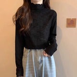 Half-High Collar Long-Sleeved Bottom Shirt T-Shirt Women's Autumn And Winter Lace Wood Ear With Velvet Thick And Stacked Inside And Put On The Top