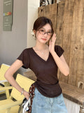 Green Plants Wearing Shoulder Thin Short-Sleeved T-Shirt Women's Summer New Slim 2026V Collar Small Top