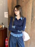 Fake Two POLO Collar Stitching Bump Color Long-Sleeved T-Shirt Women 2026 Early Autumn New Design Button Top