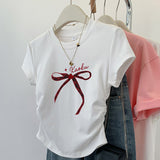 Pure Cotton Bow Short-Sleeved T-Shirt Women's Summer 2025 New Design Sense Small Man Repair On The Shoulder