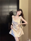Purely Want To Design The Lotus Leaf Side Ribbon Ribbon Sling Dress Women's Summer High-End Sense A Short Skirt