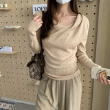 French Collar Long Sleeve Bottom Knitted Shirt Women's Autumn Side Folded Waist Inclined Angle Shoulder Sweet Spicy Chic Inside The Top
