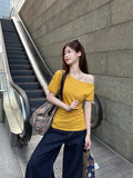 Korean Casual Design Sense Of Niche Unique Oblique Shoulder Short-Sleeved T-Shirts In Summer Chic To Recuperettes